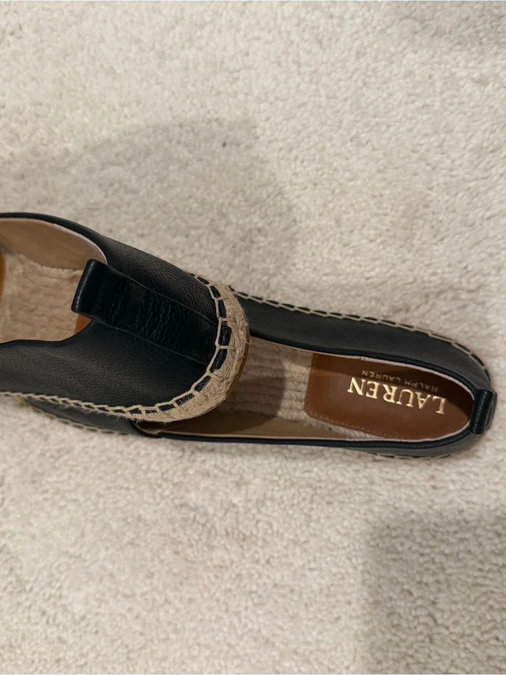 Ralph Lauren Black Leather Espadrille Slip-Ons with Gold Logo
